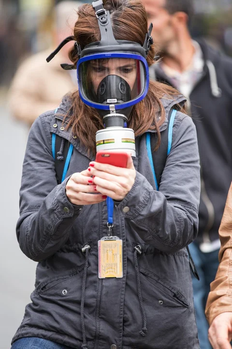 gas mask, camera, portrait, attack