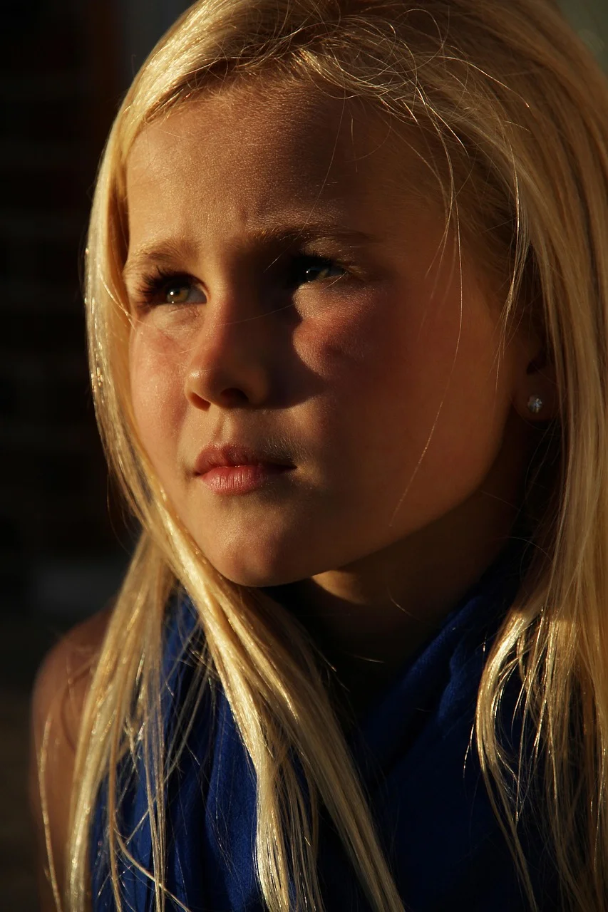 blonde, girl, evening sun, portrait