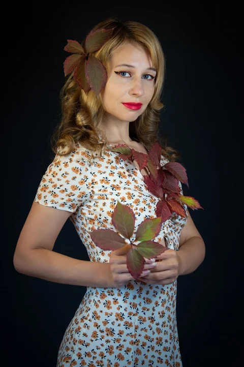 woman, curls, dress, leaves