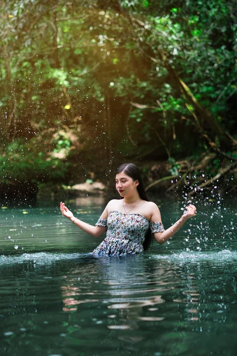 woman, river, nature, portrait