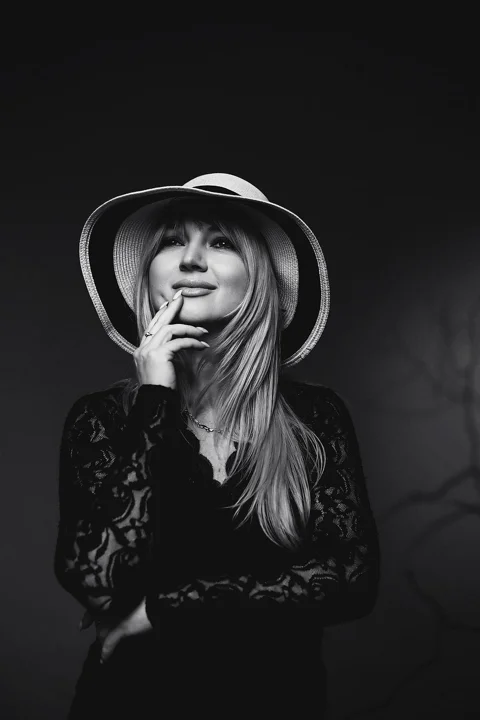 lady in hat, lace dress, black and white photo, beautiful woman