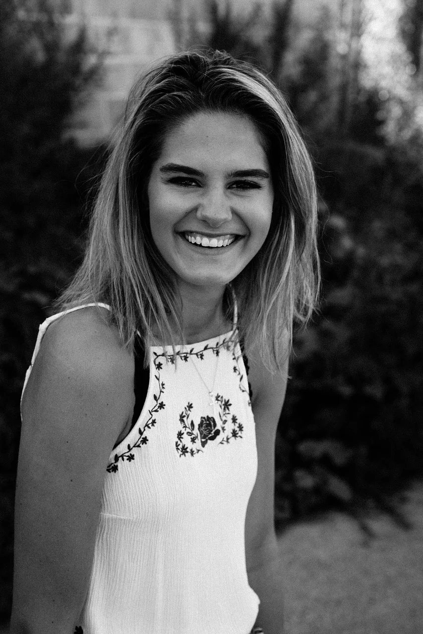 black and white, dress, face, facial expression