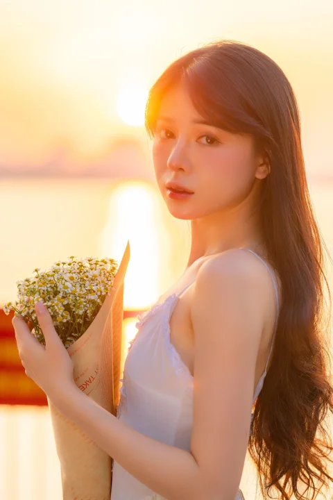 美丽, 女子, 花朵, 盛开