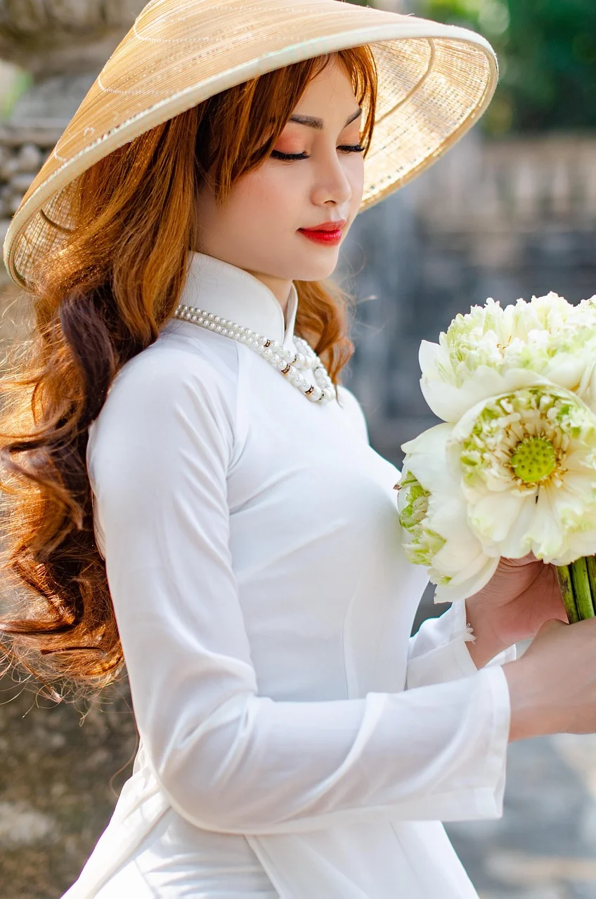woman, ao dai, fashion, flowers