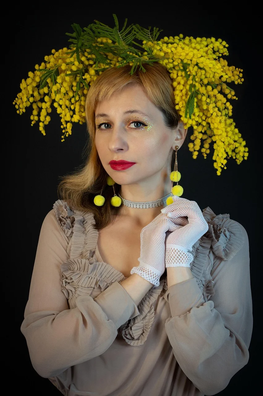 mimosa flowers, woman, international women's day, portrait