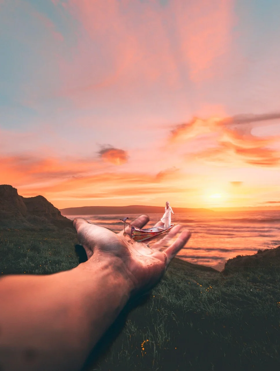 sunset, boat, young woman, hand