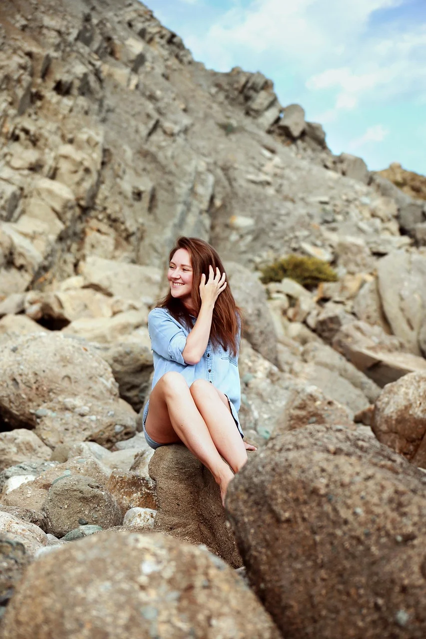 女子, 岩石, 山, 石头