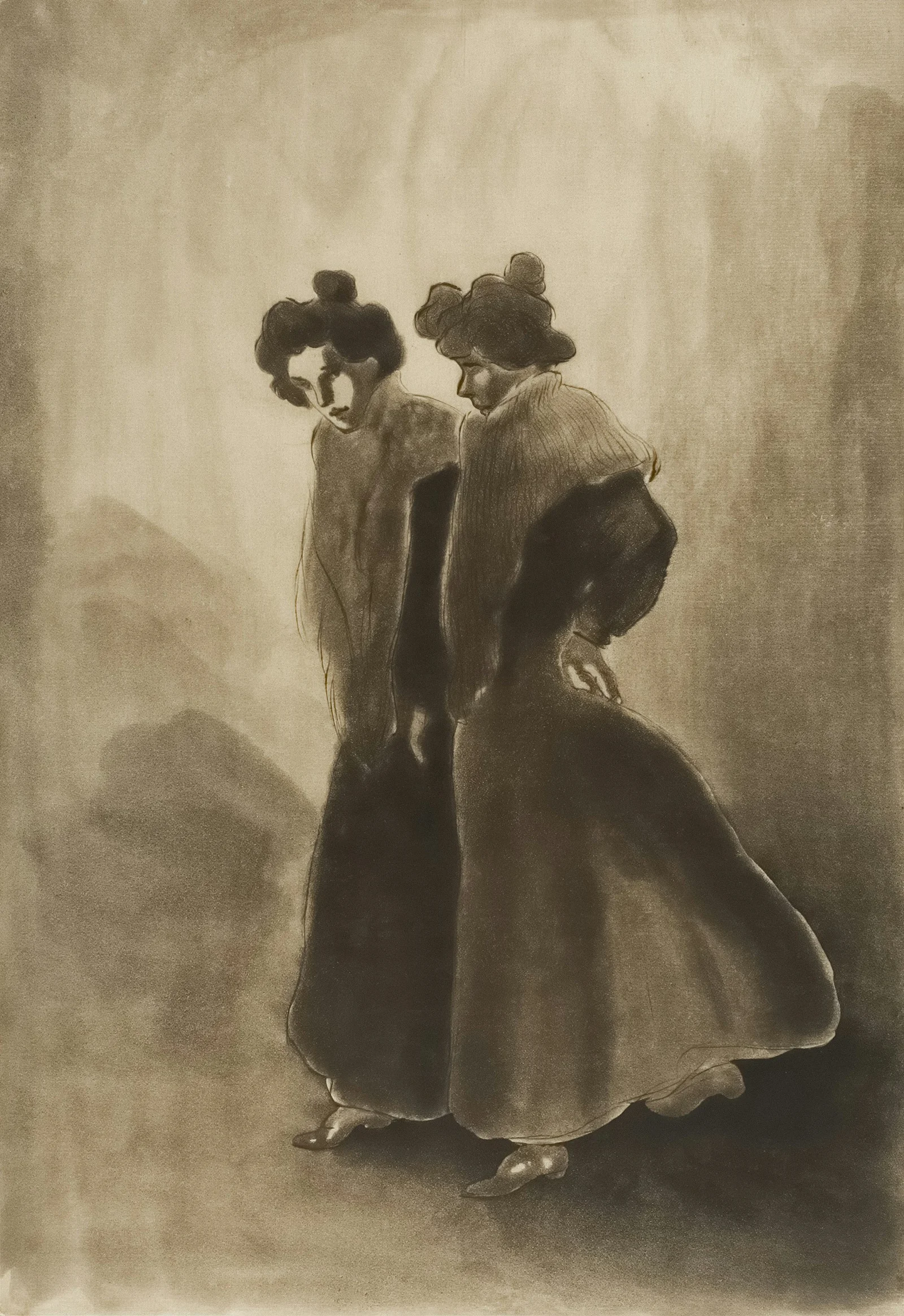 Two women in vintage dresses walking together