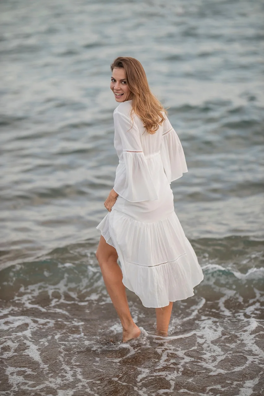 woman, white dress, beach, fashion