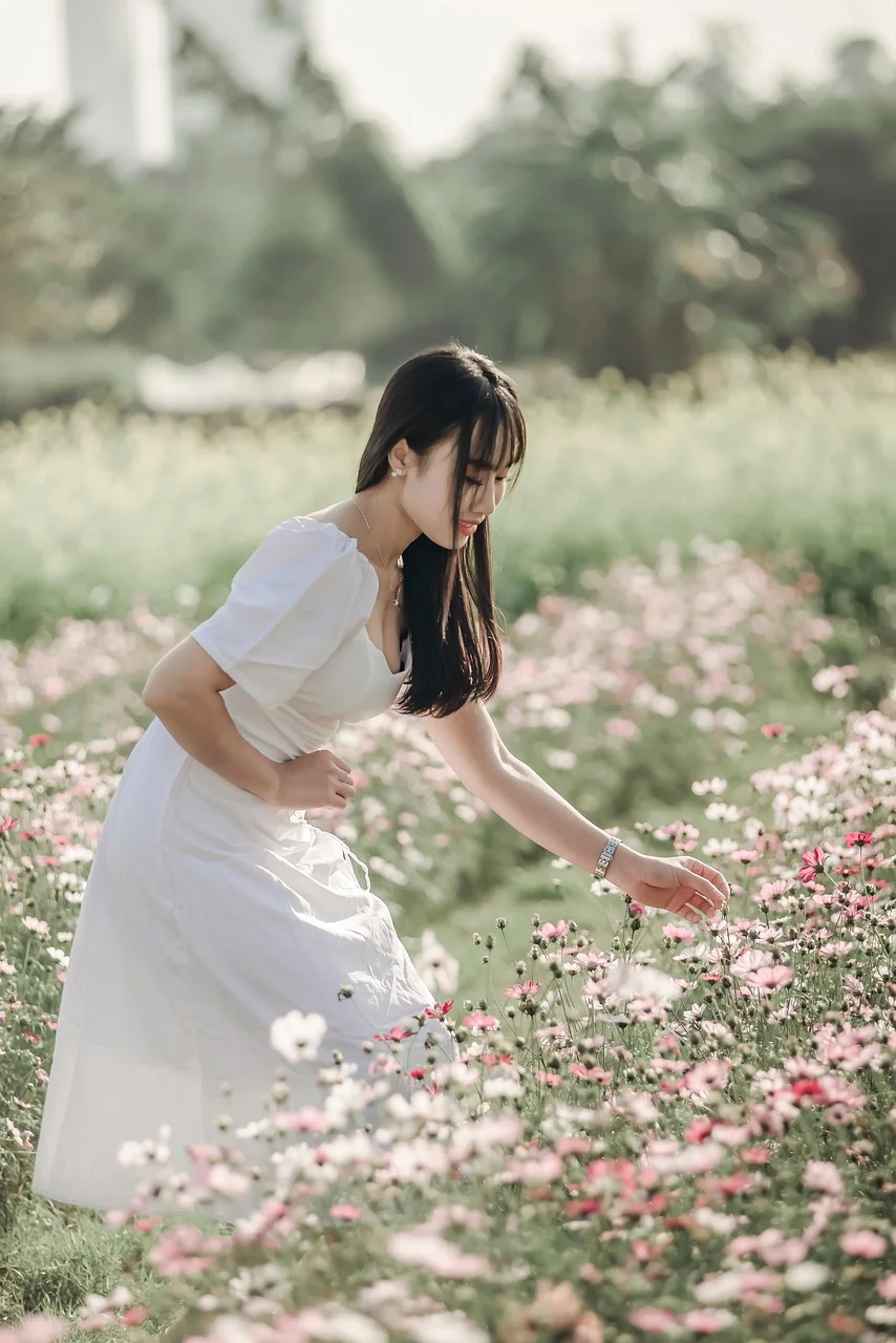 woman, flowers, field, meadow