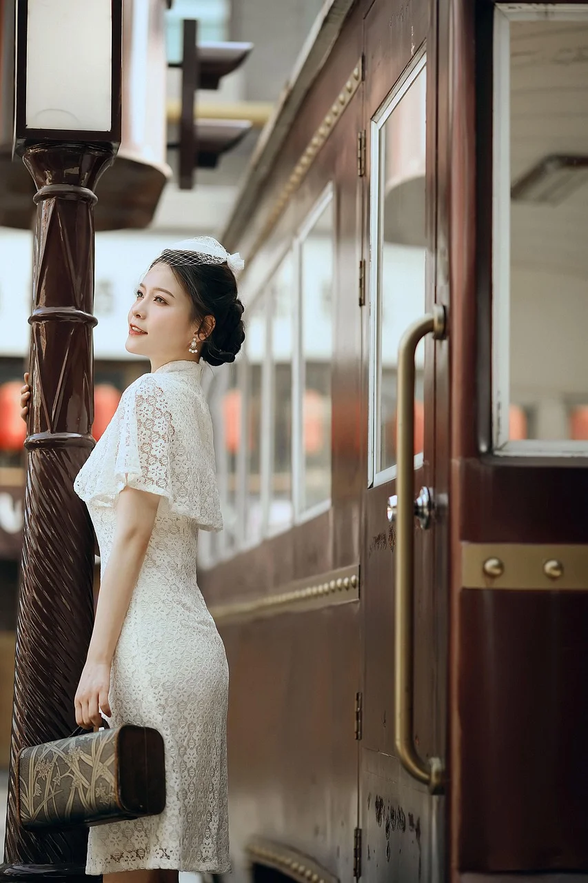 亞洲女子, 火車, 復古, 時尚