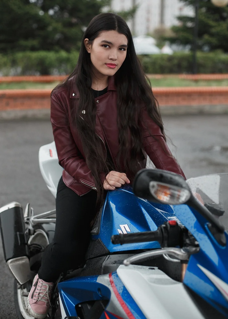 motorbike, young woman, brunette, beautiful