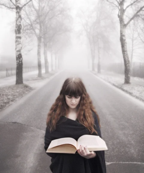 書,霧,女孩,冬天