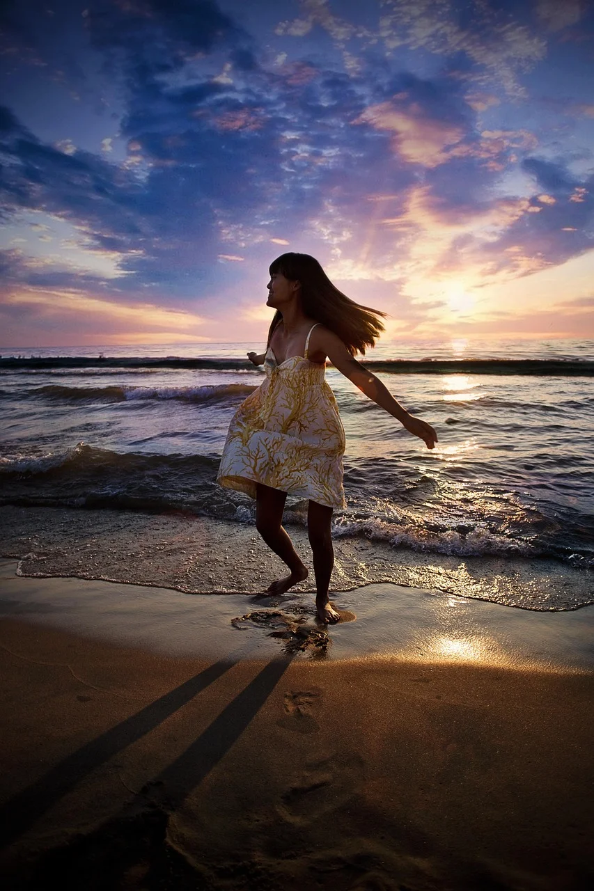 beach, stroll, girl, sunset