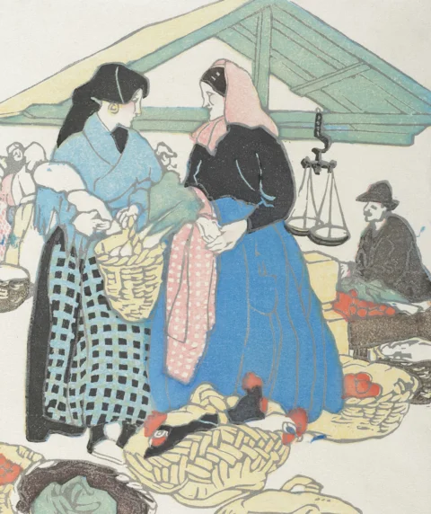 市場で品物の入った籠を持つ二人の女性