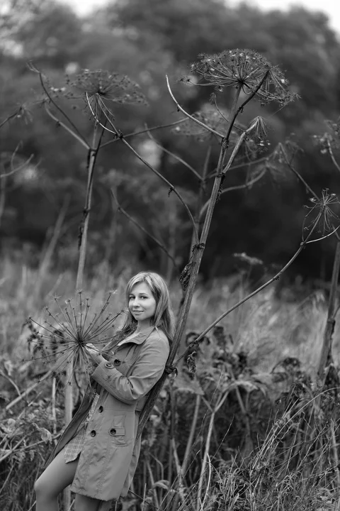 hogweed, woman, smile, high grass