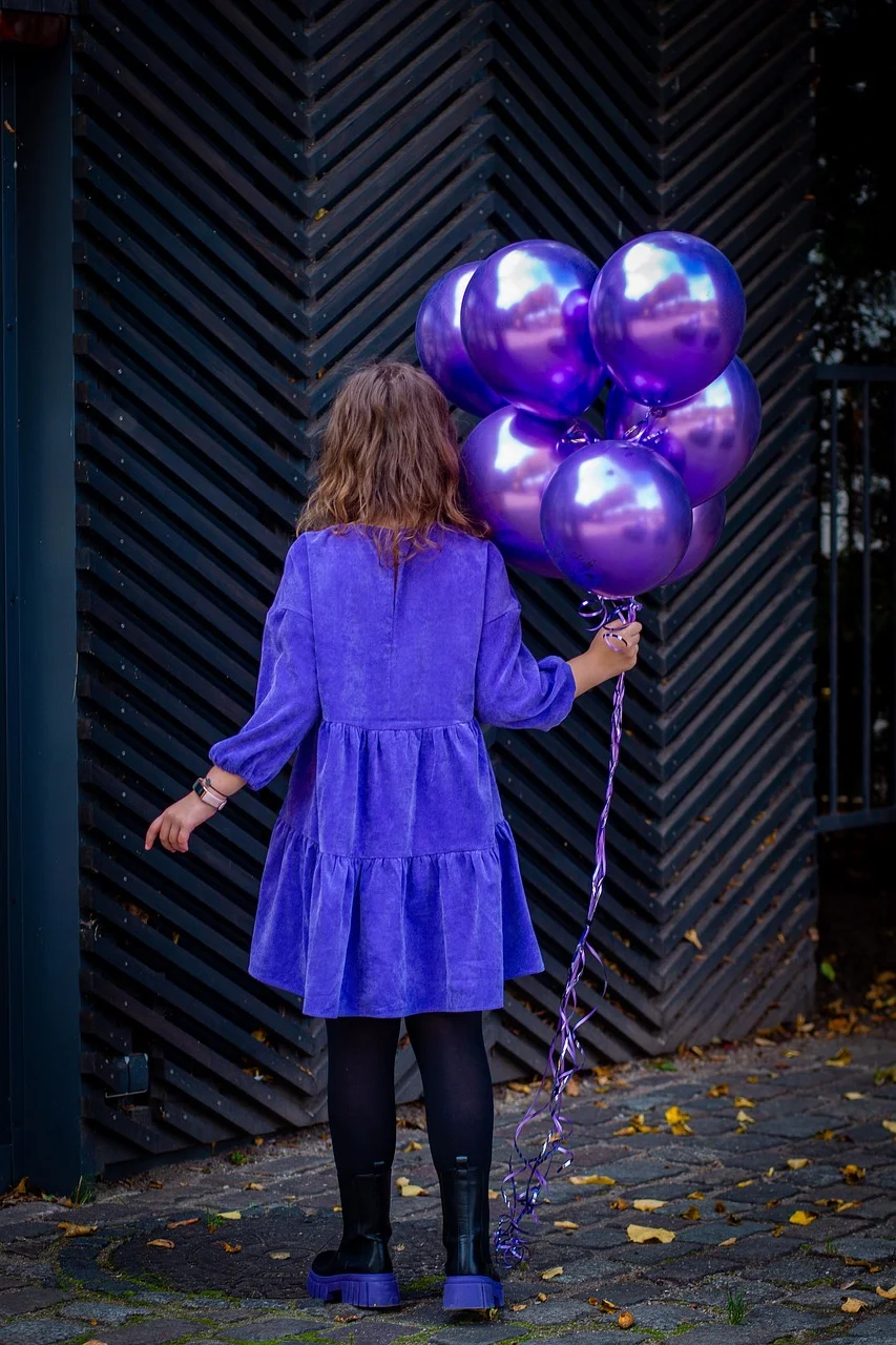 girl, balloons, dress, birthday