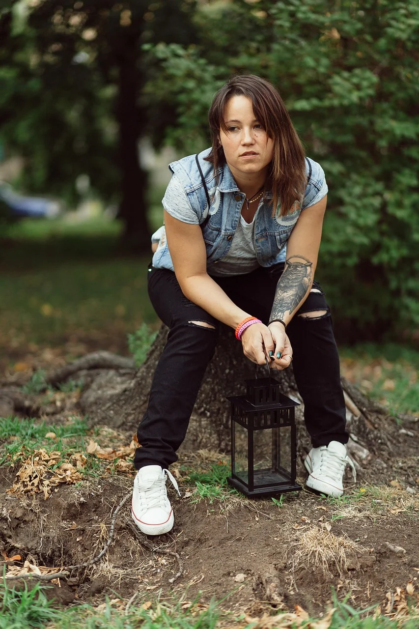girl, black lantern, tattoo, sitting