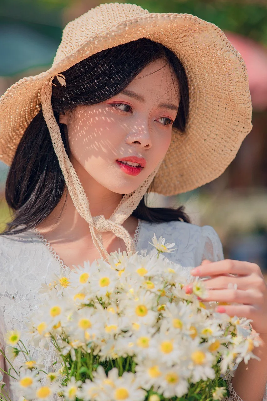woman, flowers, chrysanthemums, hat