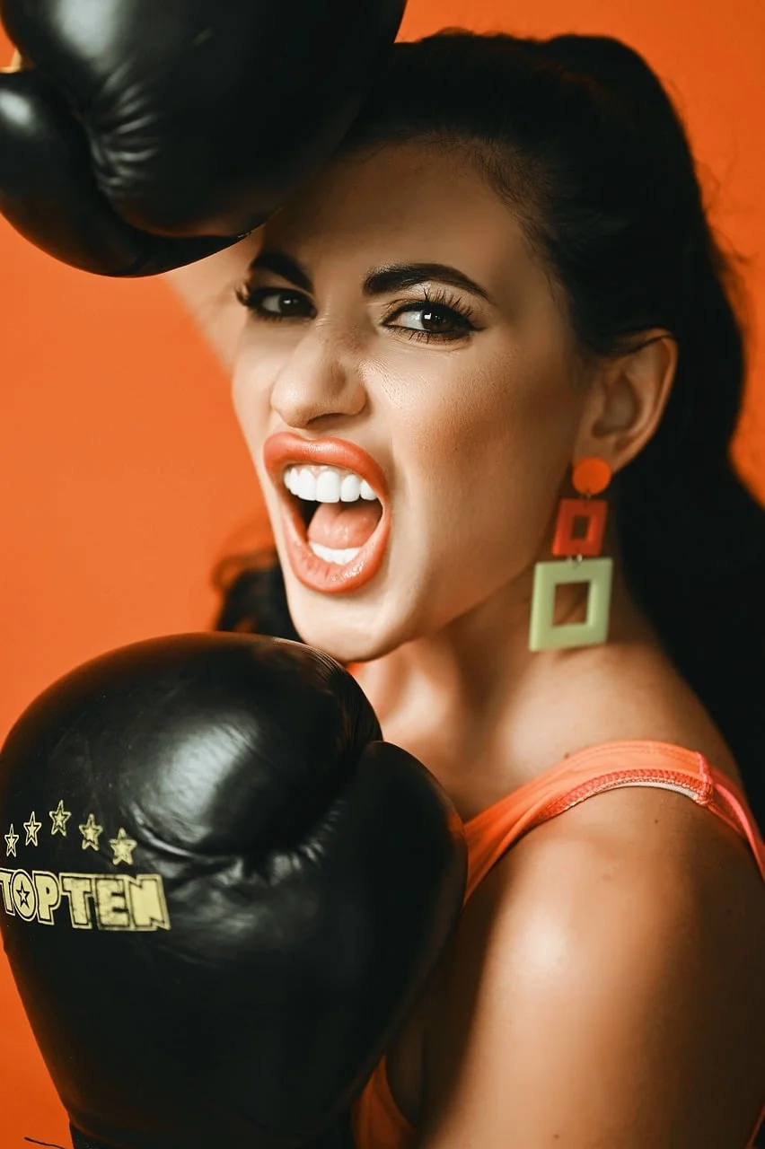女人,拳擊,手套,臉龐