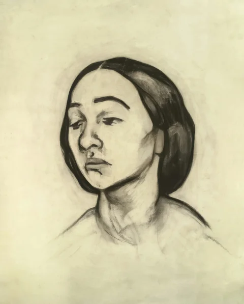一幅女子头部与肩部的炭笔素描