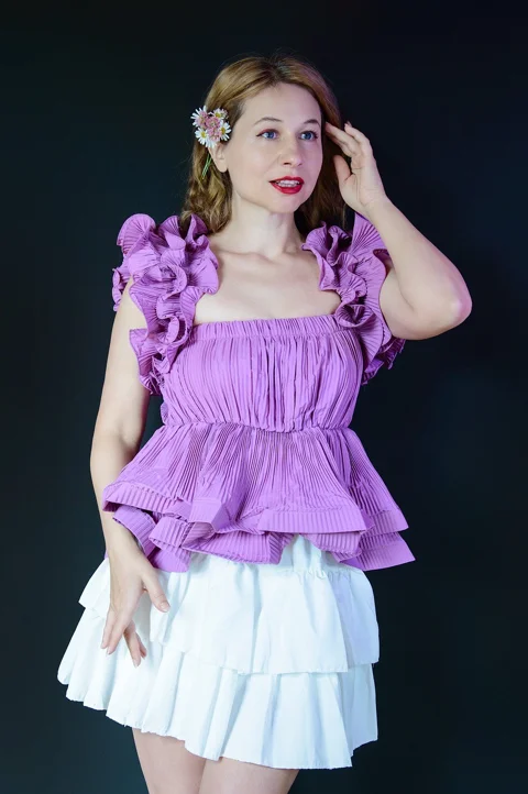 fashion, dress, purple blouse, lacy top