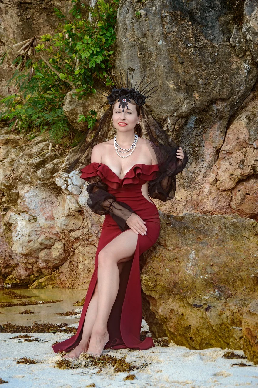 woman, black crown, gothic, beach