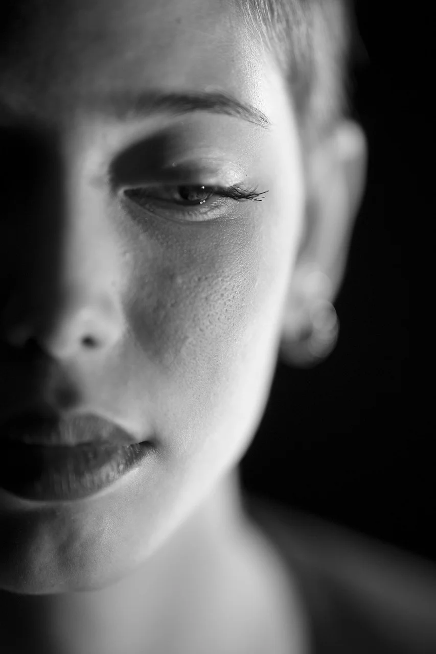 portrait, woman, black white, view