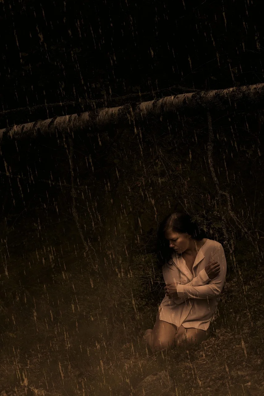 rain, grief, woman, portrait