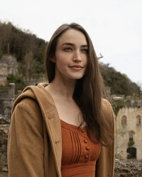 a woman standing in front of a castle