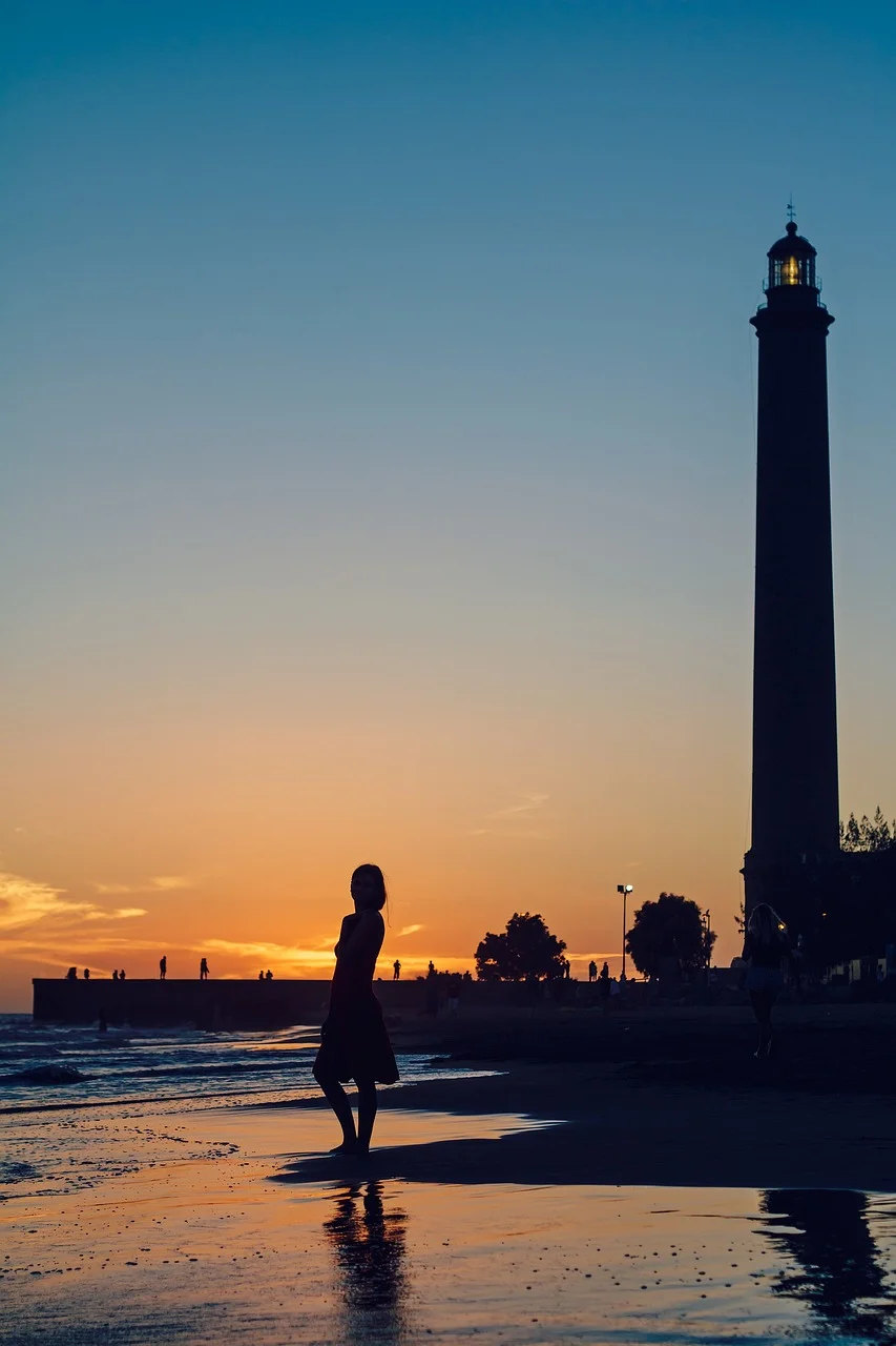 sunset, young woman, woman, lighthouse