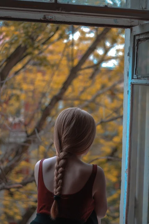 woman, braided hair, window, portrait