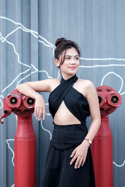 女人，模特，黑色连衣裙，户外