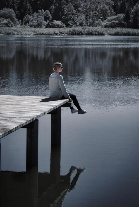 woman, sit, boardwalk, lake
