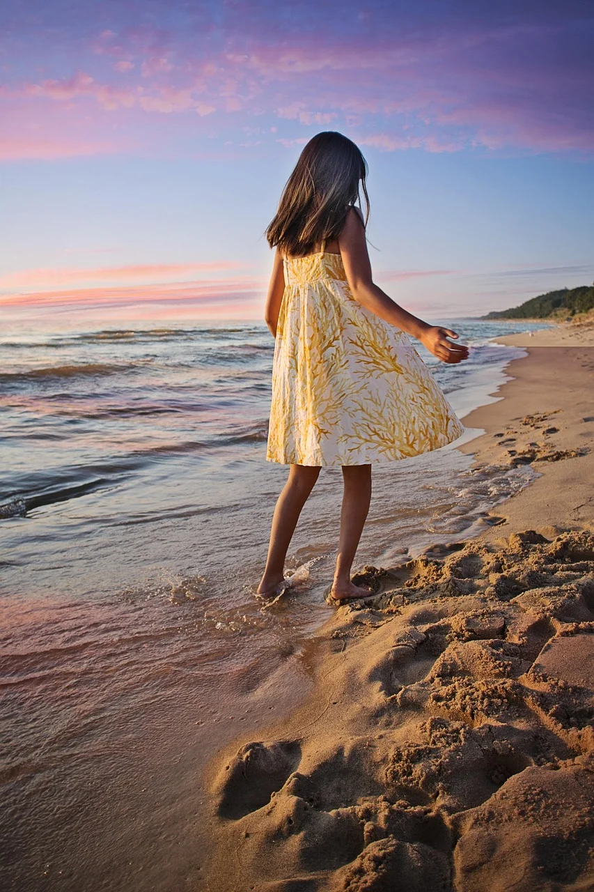 beach, stroll, girl, sunset