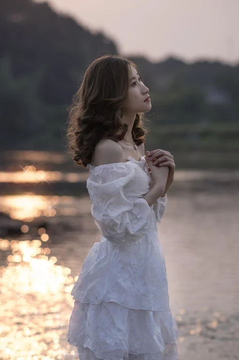 woman, river, sunset, portrait
