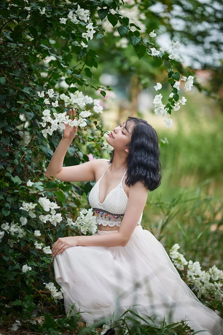 woman, portrait, model, white dress