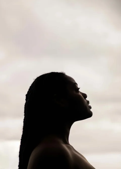 A silhouette of a woman with braided hair against a bright overcast sky