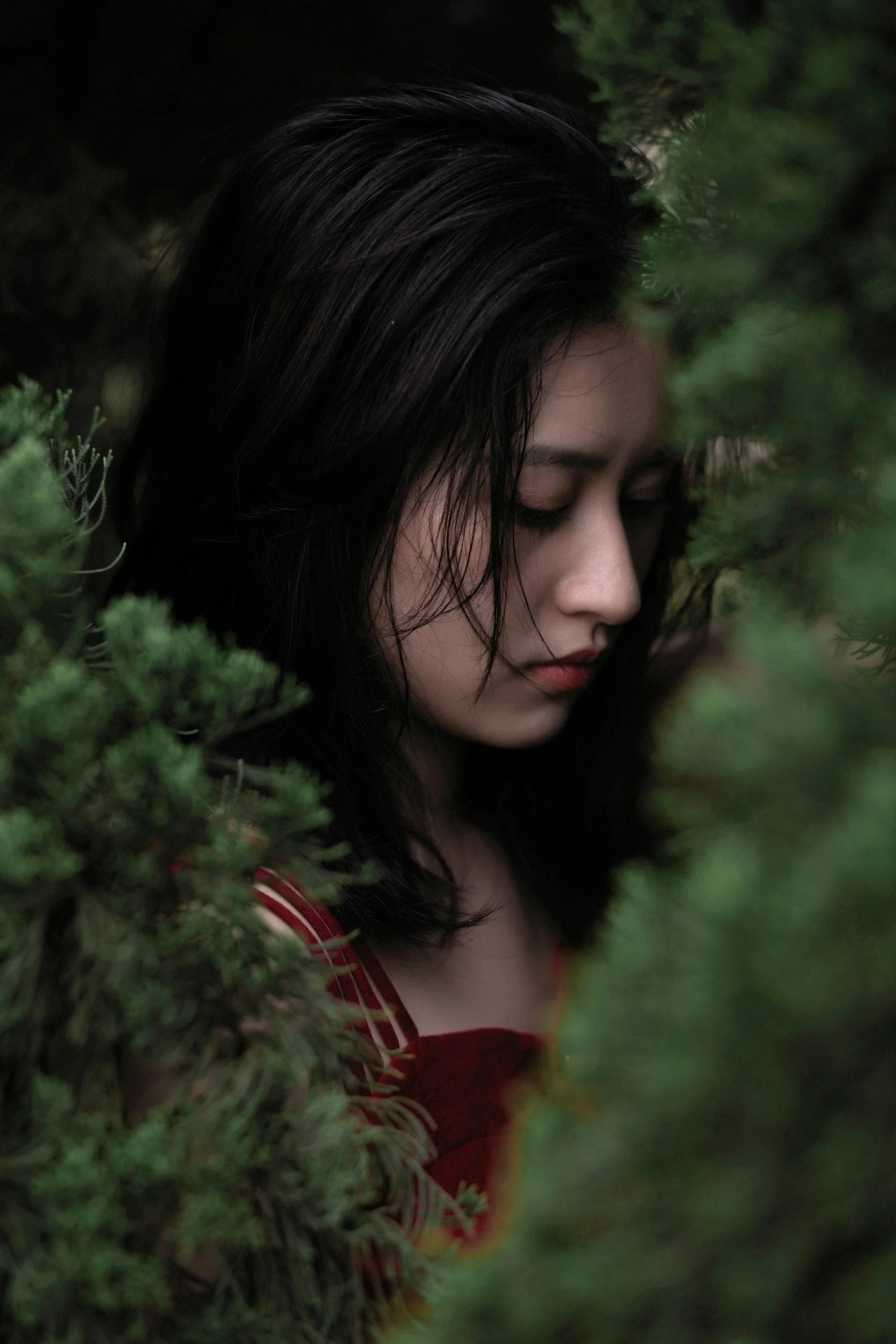 站在绿色植物旁的女子