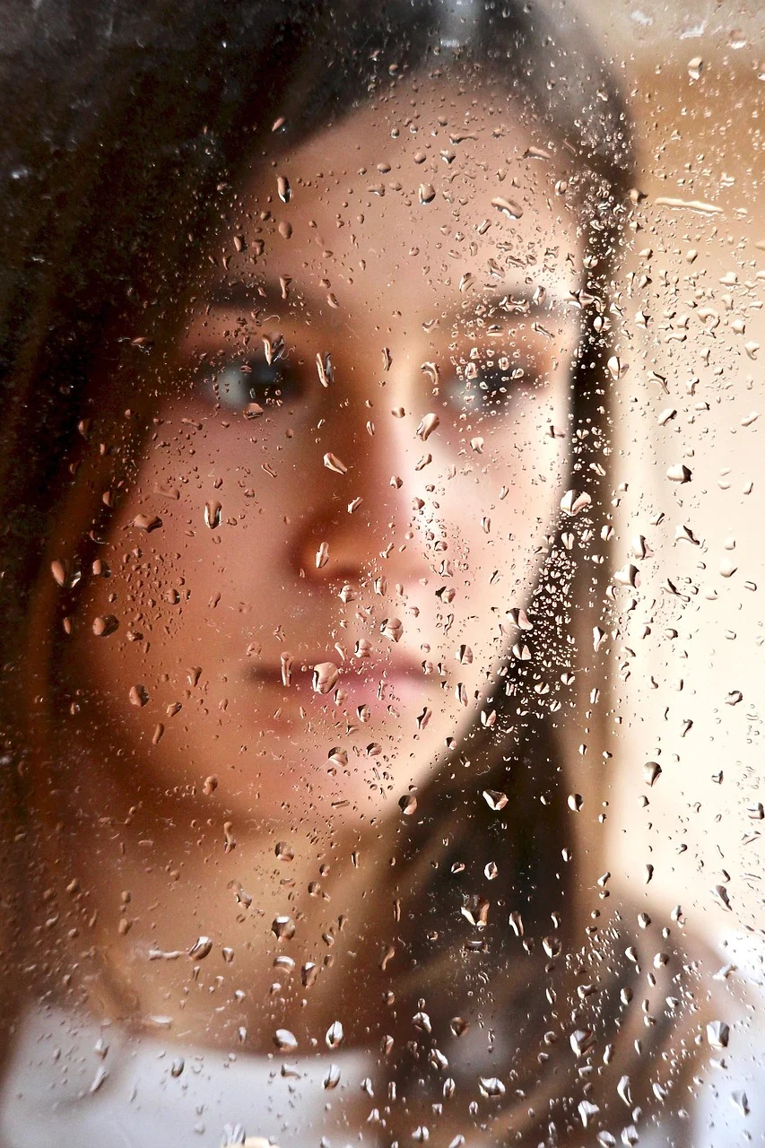girl, rain, drops, window