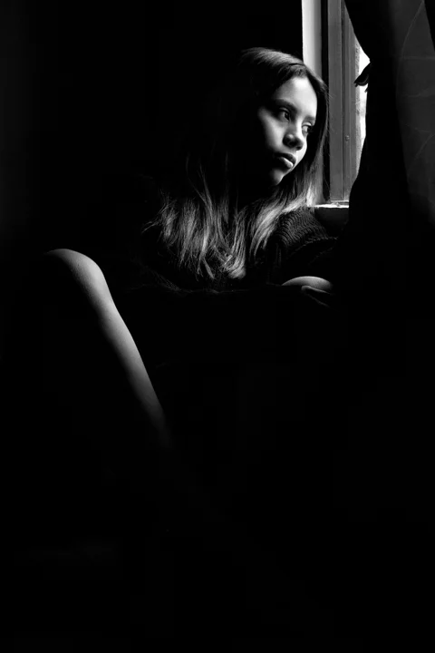 window, portrait, woman, black and white