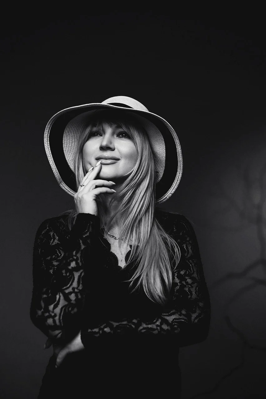 lady in hat, lace dress, black and white photo, beautiful woman