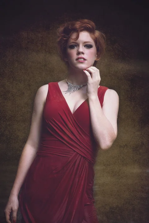 girl, pose, red dress, female
