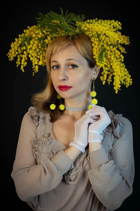 mimosa flowers, woman, international women's day, portrait