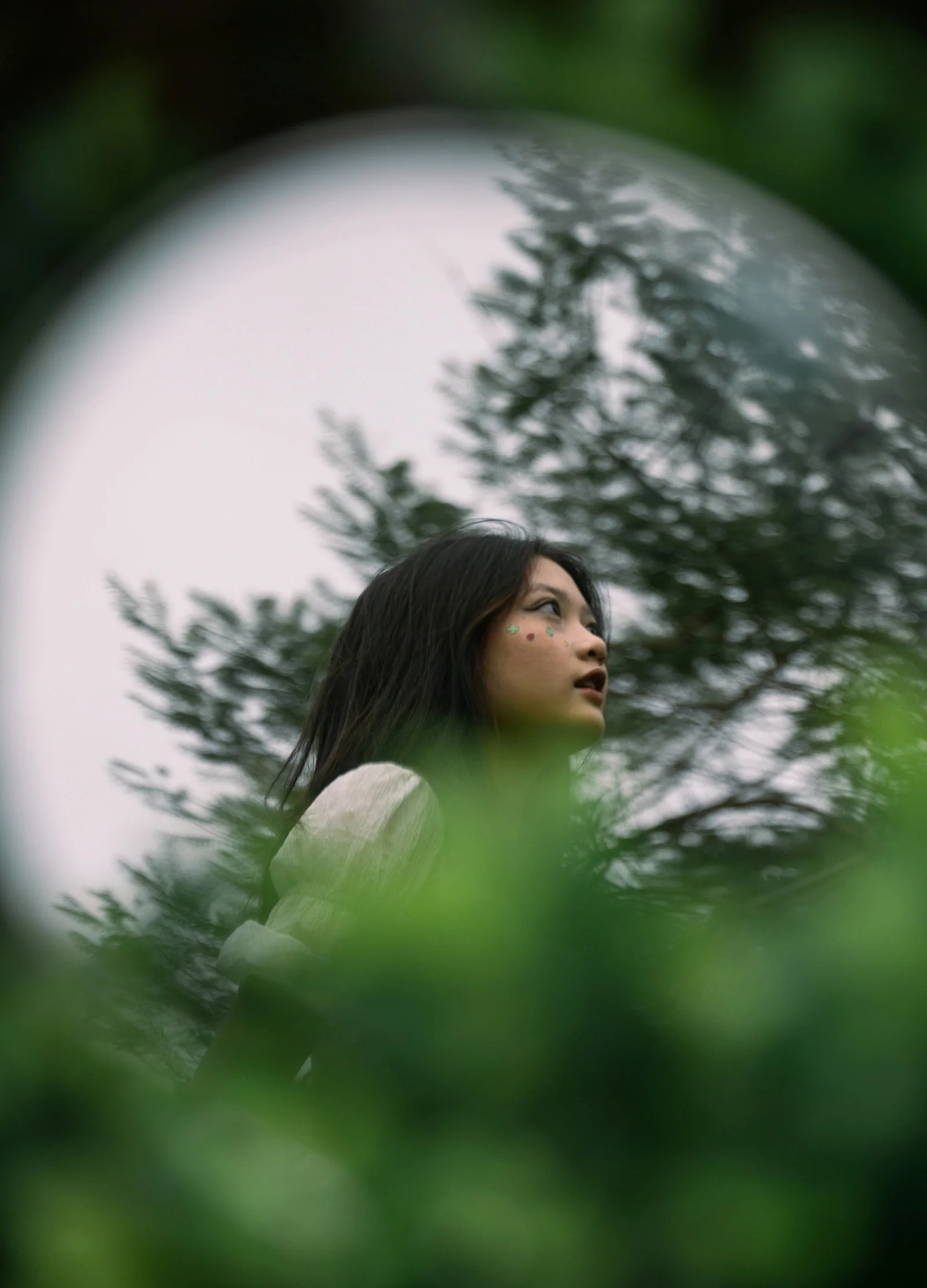 站在樹前抬頭望天的女子