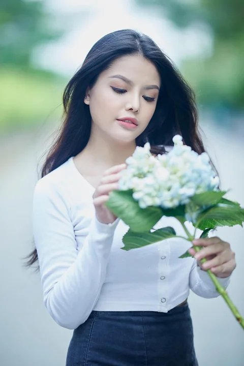 女性, ファッション, 花束, 顔