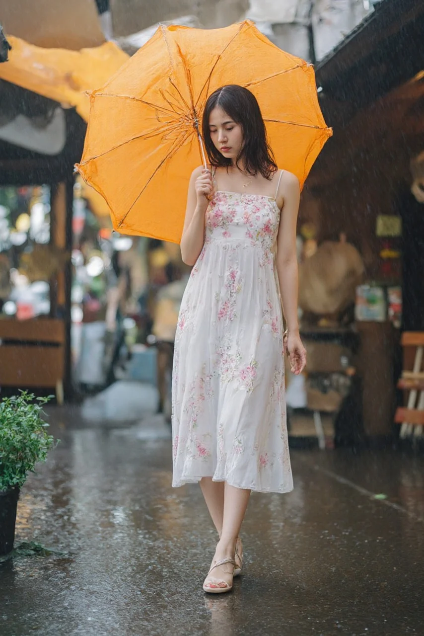 rain, umbrella, road, wet