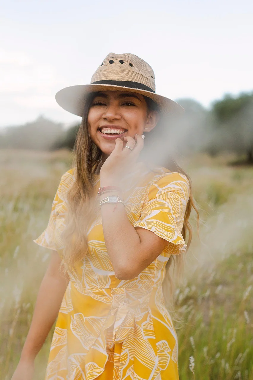 woman, field, portrait, outdoors