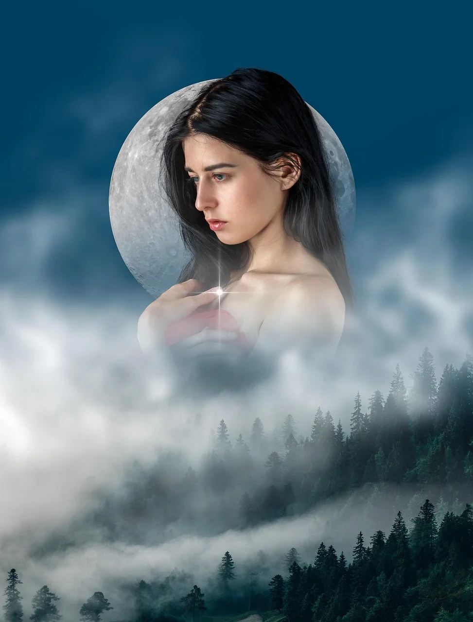woman, forest, fog, moon