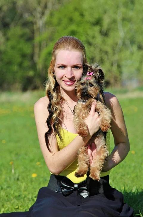 yorkshire terrier, blonde woman, friendship, embrace